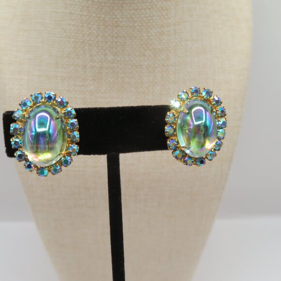 Vintage Clip-on AB Rhinestone Earrings Gold Tone - Picture 3 of 8